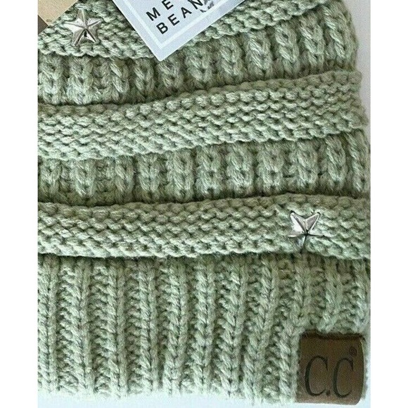 New Adult Size CC Sage Green Cable Knit Beanie Tail Bun Ponytail Hat w/ Stars - Picture 6 of 6